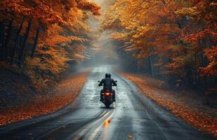 ai gegenereerd een Mens rijden een motorfiets naar beneden de weg in herfst foto