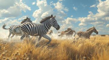 ai gegenereerd een paar- van zebra en een kudde van paarden het marcheren richting elk andere foto