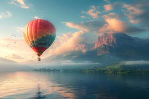 ai gegenereerd een heet lucht ballon vliegt over- een lichaam van water Aan bewolkt lucht foto