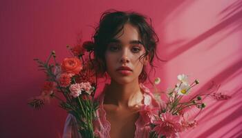 ai gegenereerd een mooi vrouw in roze staand met bloemen tegen een roze achtergrond foto