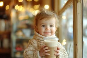 ai gegenereerd kind Holding een koffie drinken een baby in een cafe foto