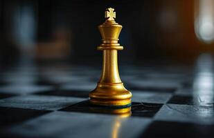 ai gegenereerd gouden schaak stuk Aan zwart schaakbord foto