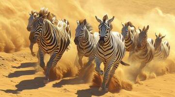 ai gegenereerd zebra's lood paarden door woestijn foto