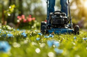 ai gegenereerd persoon gras met een gazon maaier foto