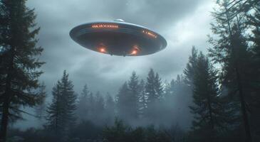 ai gegenereerd een ufo vliegend over- een bewolkt lucht en bomen, foto