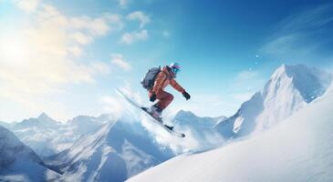 ai gegenereerd een persoon is jumping snowboarden over- een bergtop foto