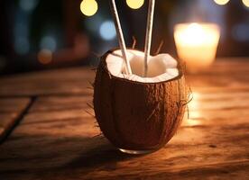 ai gegenereerd een kokosnoot drinken met een rietje Aan top zittend foto