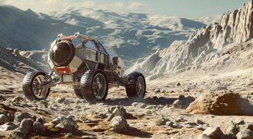 ai gegenereerd een modern, robot ruimtevaartuig is Aan de maan met zijn wielen uit foto
