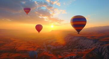 ai gegenereerd heet lucht ballonnen vliegend bovenstaand hoog heuvels, plateau, zonsopkomst ballon foto