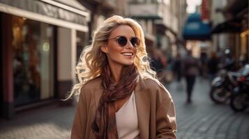 ai gegenereerd gelukkig blond vrouw in bruin wandelen naar beneden de straat foto
