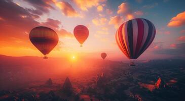 ai gegenereerd heet lucht ballonnen vliegend bovenstaand hoog heuvels, plateau, zonsopkomst ballon foto