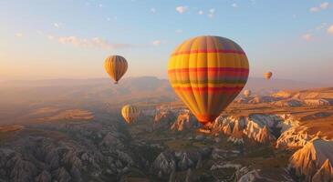 ai gegenereerd heet lucht ballonnen vliegend bovenstaand hoog heuvels, plateau, zonsopkomst ballon foto