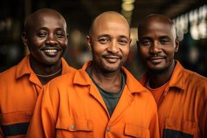 ai gegenereerd mannen in oranje werk overhemden op zoek voor werk foto