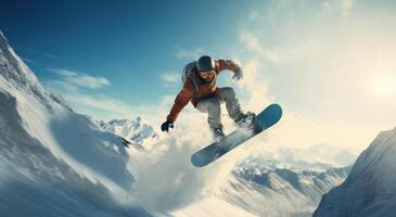 ai gegenereerd snowboarder het uitvoeren van een truc uit een berghelling foto