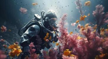 ai gegenereerd een scuba duiker onderwater- omringd door water lelies met bloemen foto
