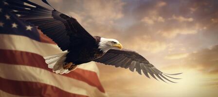 ai gegenereerd bbc roofvogel vliegend over- Amerikaans vlag achtergrond foto