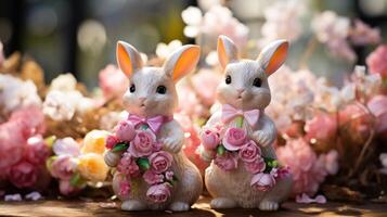 ai gegenereerd charmant Pasen konijn beeldjes genesteld te midden van bloeiend voorjaar bloemen foto