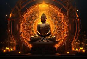 ai gegenereerd Boeddha zittend in een gouden kader foto
