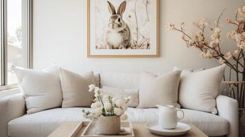 ai gegenereerd pluche konijn kussens en lente-thema gooit sieren sofa foto