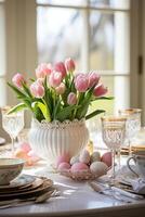 ai gegenereerd tulpen en gevuld met eieren nest sieren elegant dining instelling foto