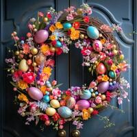 ai gegenereerd Pasen krans met kleurrijk eieren en voorjaar bloemen foto