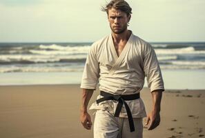 ai gegenereerd karate instructeur opleiding video van een jong Mens opleiding in krijgshaftig kunst foto