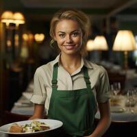 ai gegenereerd een serveerster in een restaurant met een dienblad levert een bestellen foto