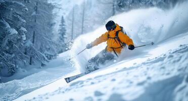 ai gegenereerd een Mens skiën naar beneden de sneeuw gedekt helling foto