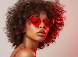 ai gegenereerd een gekruld haren vrouw met een schattig rood hart vormig zonnebril foto