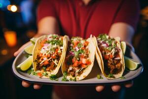 ai gegenereerd dichtbij omhoog persoon Holding bord met taco generatief ai foto