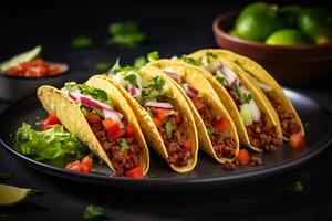 ai gegenereerd Mexicaans taco's met rundvlees in tomaat saus en salsa generatief ai foto