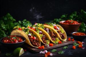 ai gegenereerd Mexicaans taco's met rundvlees in tomaat saus en salsa generatief ai foto