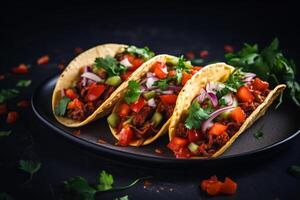 ai gegenereerd Mexicaans taco's met rundvlees in tomaat saus en salsa generatief ai foto