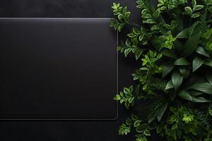 ai gegenereerd minimalistisch zwart achtergrond met laptop kladblok generatief ai foto