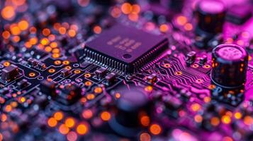 ai gegenereerd hoge resolutie, macro schot van een computer chip, benadrukkend ingewikkeld stroomkring details foto