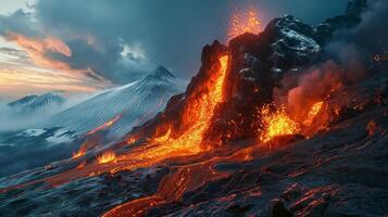 ai gegenereerd apocalyptisch visie van een vulkaan uitbarsting foto