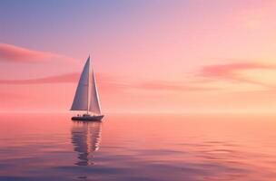 ai gegenereerd een zeilboot het zeilen in de oceaan Bij zonsondergang foto