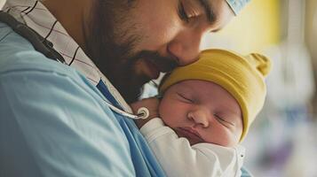 ai gegenereerd generatief ai, kinderarts dokter Holding een pasgeboren baby in ziekenhuis, concept van bevalling en gezondheidszorg professionals foto