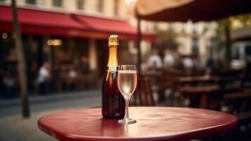 ai gegenereerd generatief ai, glas van Champagne en fles Aan houten tafel met vervagen achtergrond met lichten van straat bar, cafe, koffie winkel of restaurant, drinken bespotten omhoog foto