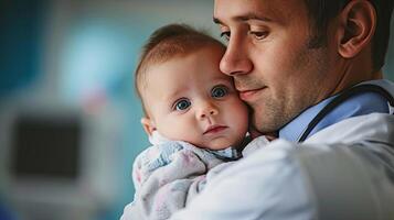 ai gegenereerd generatief ai, kinderarts dokter Holding een pasgeboren baby in ziekenhuis, concept van bevalling en gezondheidszorg professionals foto