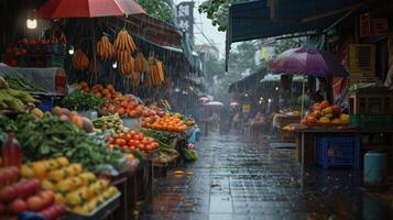 ai gegenereerd generatief ai, traditioneel oosters Aziatisch markt met fruit en groenten onder de regen met paraplu's foto