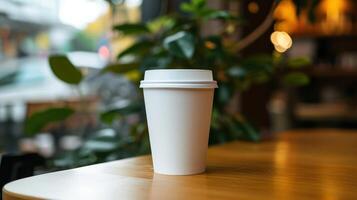 ai gegenereerd generatief ai, wit papier kop Aan de tafel in de koffie winkel interieur, mok bespotten omhoog blanco. foto