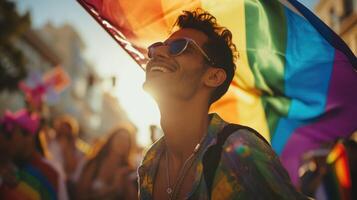 ai gegenereerd generatief ai, homo Mens glimlachen met regenboog vlag, lgbt mensen wandelen in de straat gedurende de Gay Pride trots foto