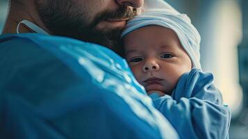 ai gegenereerd generatief ai, kinderarts dokter Holding een pasgeboren baby in ziekenhuis, concept van bevalling en gezondheidszorg professionals foto