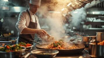 ai gegenereerd generatief ai, chef is Koken met stomen heet pan, bezig restaurant keuken foto