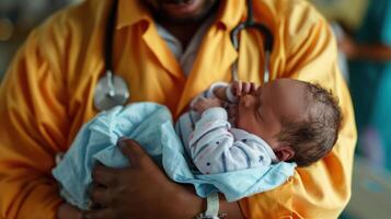 ai gegenereerd generatief ai, kinderarts dokter Holding een pasgeboren baby in ziekenhuis, concept van bevalling en gezondheidszorg professionals foto