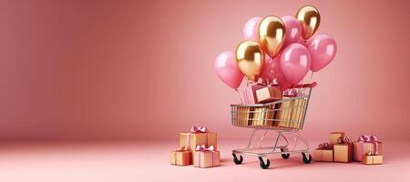 ai gegenereerd generatief ai, gouden en roze boodschappen doen kar met veel geschenk dozen Aan roze achtergrond, Valentijnsdag dag concept, korting en uitverkoop. foto