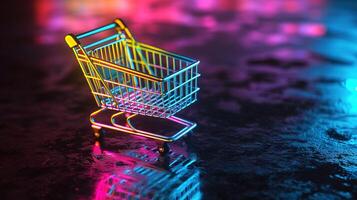 ai gegenereerd generatief ai, neon boodschappen doen kar Aan donker achtergrond, 80s en 90s stijl, minimalistisch winkel online, vrij levering, kortingen en uitverkoop concept. foto