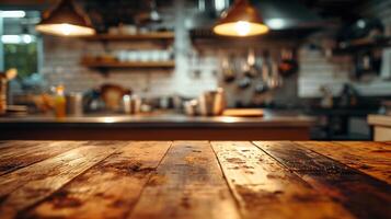 ai gegenereerd generatief ai, leeg houten tafelblad Aan wazig modern keuken achtergrond met kopiëren ruimte foto