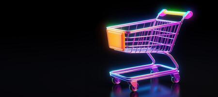 ai gegenereerd generatief ai, neon boodschappen doen kar Aan donker achtergrond, 80s en 90s stijl, minimalistisch winkel online, vrij levering, kortingen en uitverkoop concept. foto